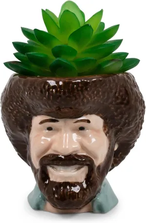 Bob Ross Mini Ceramic Planter with Artificial Succulent | Small Flower Pot, Faux Indoor Plants for Desk Shelf, Decorative Tray Trinket Dish | Home Decor Gifts and Collectibles