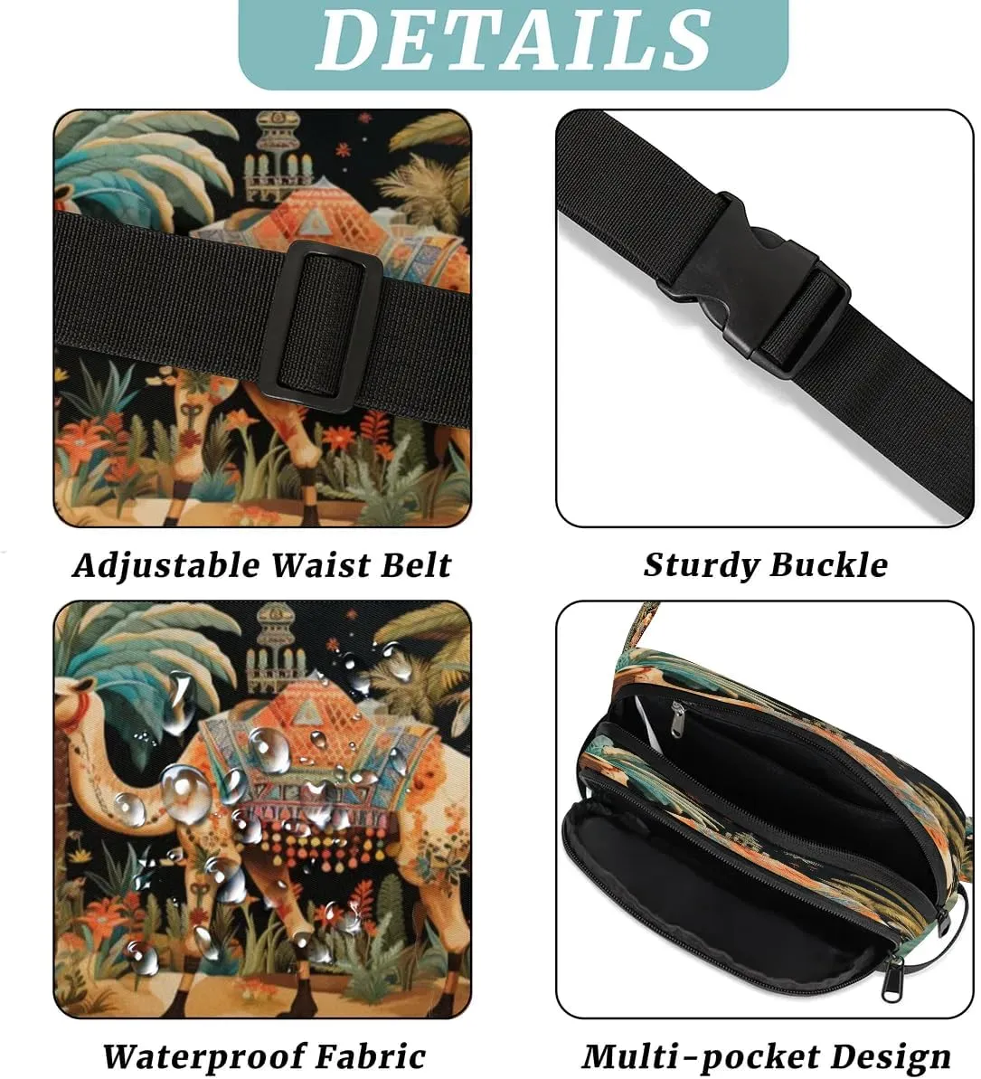 Bohemia Camel Men's and Women's Waist Pack Crossbody Tropical Camel Waist Pack Running Strap, Adjustable Shoulder Strap - For Hiking and Running Exercise Fitness
