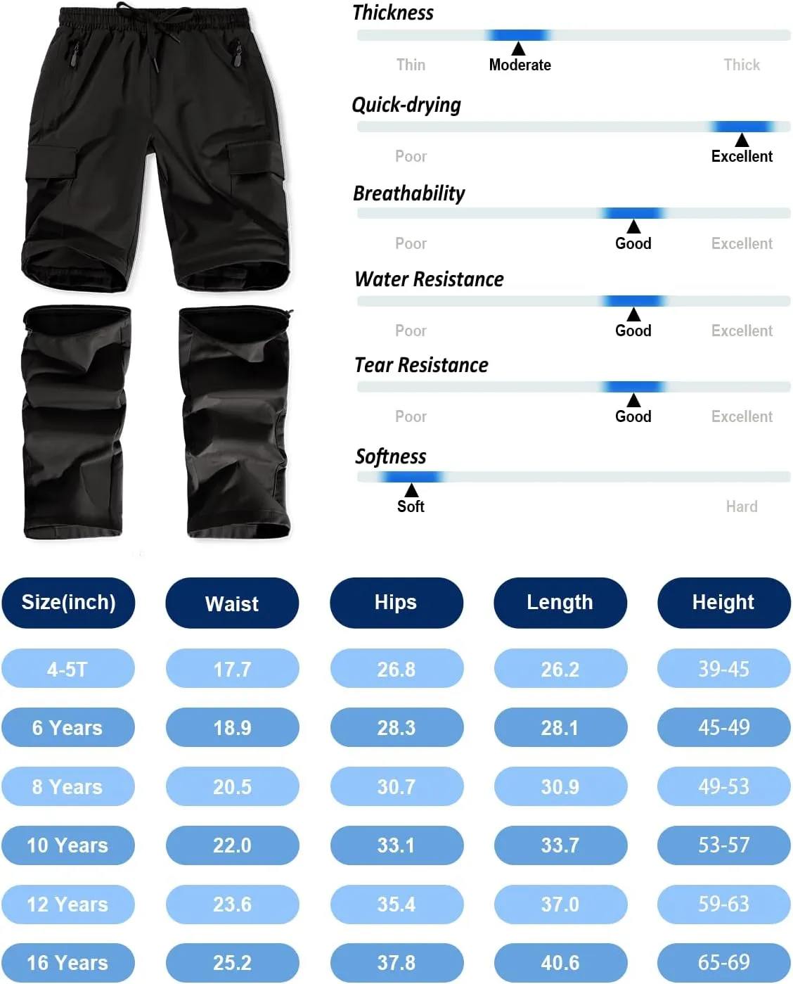 Boys Hiking Cargo Pants Kids Convertible Nylon Lightweight Quick Dry Stretch Girls Outdoor Waterproof Zip Off School Trousers