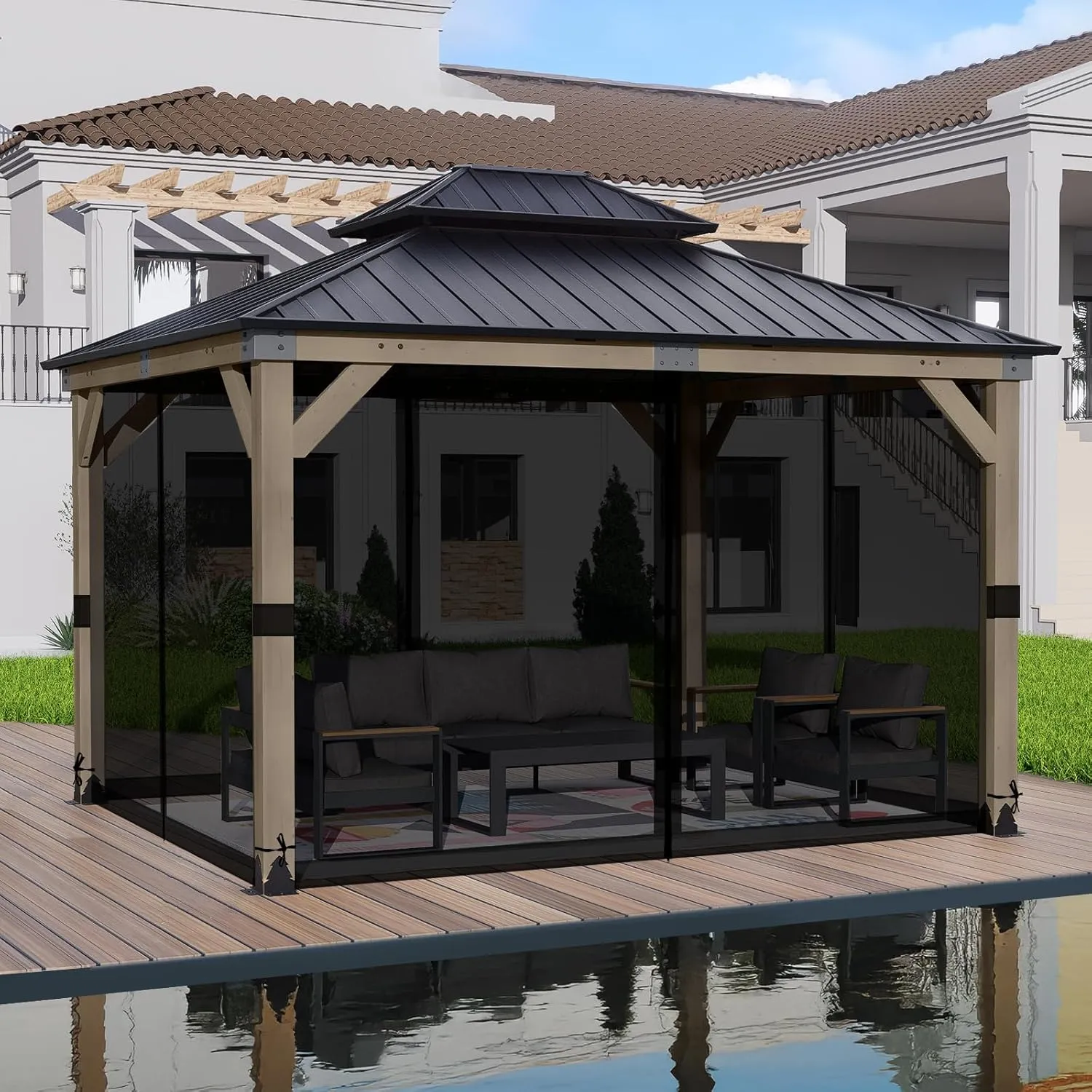 BPS 10' x 12' Gazebo Universal Mosquito Netting Screen Replacement, 4-Panel Screen Walls with Double Zippers for Outdoor Patio, Black (Mosquito Net Only)