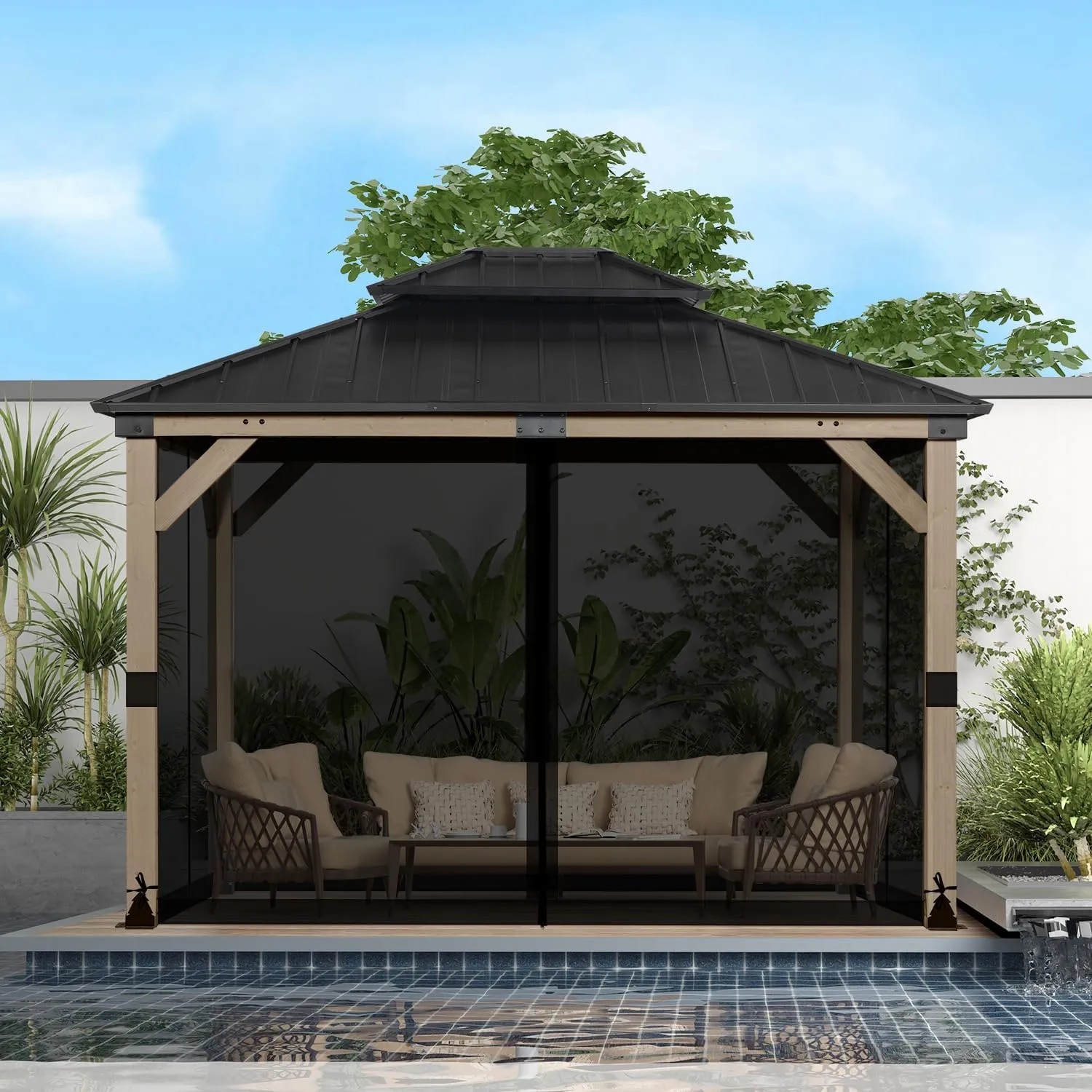 BPS 10' x 12' Gazebo Universal Mosquito Netting Screen Replacement, 4-Panel Screen Walls with Double Zippers for Outdoor Patio, Black (Mosquito Net Only)