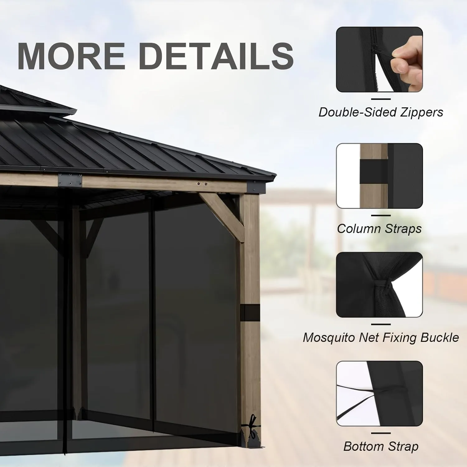 BPS 10' x 12' Gazebo Universal Mosquito Netting Screen Replacement, 4-Panel Screen Walls with Double Zippers for Outdoor Patio, Black (Mosquito Net Only)