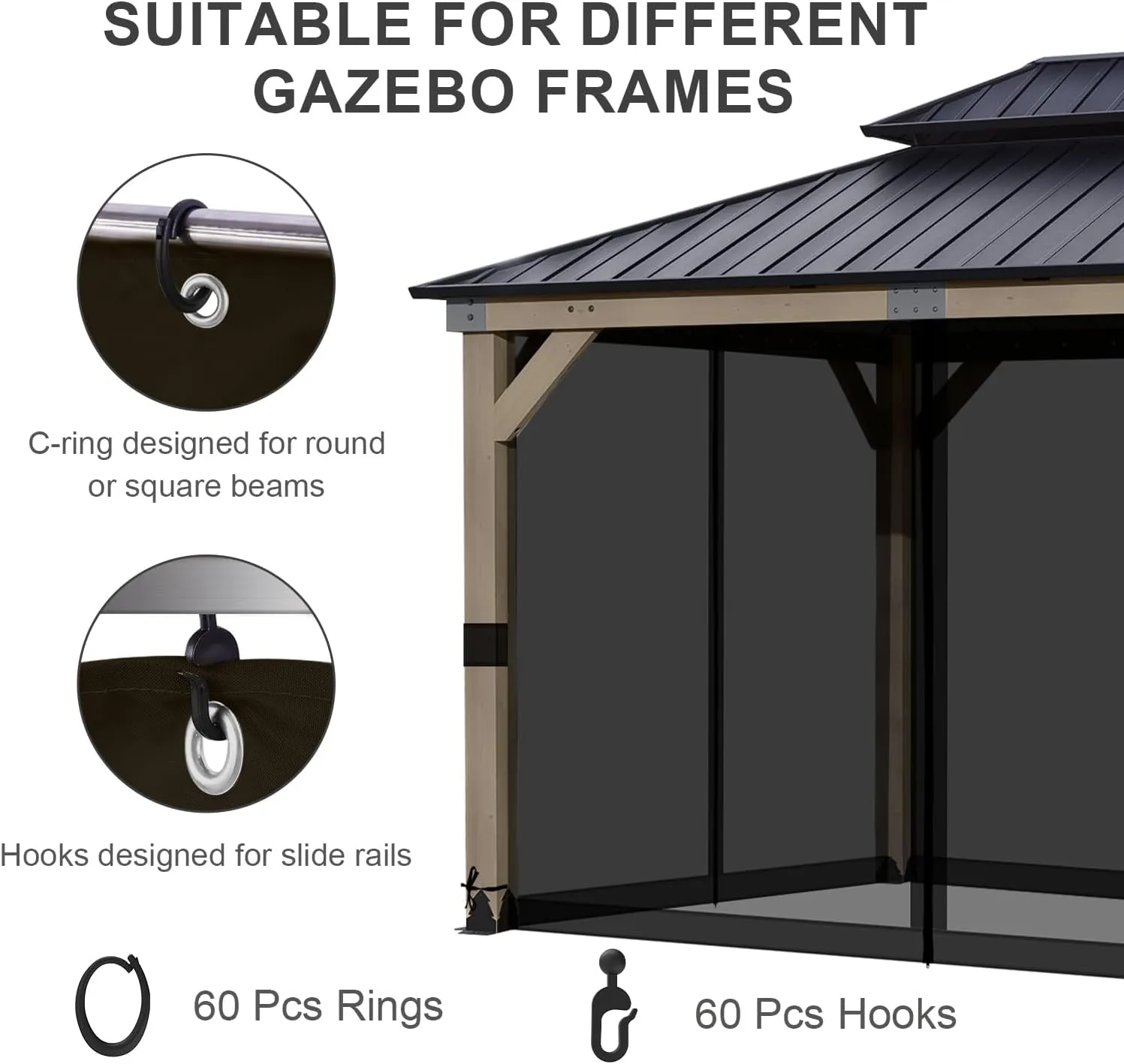 BPS 10' x 12' Gazebo Universal Mosquito Netting Screen Replacement, 4-Panel Screen Walls with Double Zippers for Outdoor Patio, Black (Mosquito Net Only)
