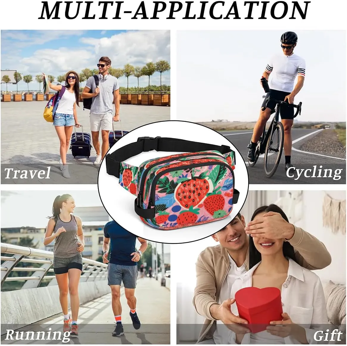 Bright Strawberry Men's and Women's Waist Pack Crossbody Fruit Strawberry Waist Pack Running Strap, Adjustable Shoulder Strap - For Hiking and Running Exercise Fitness