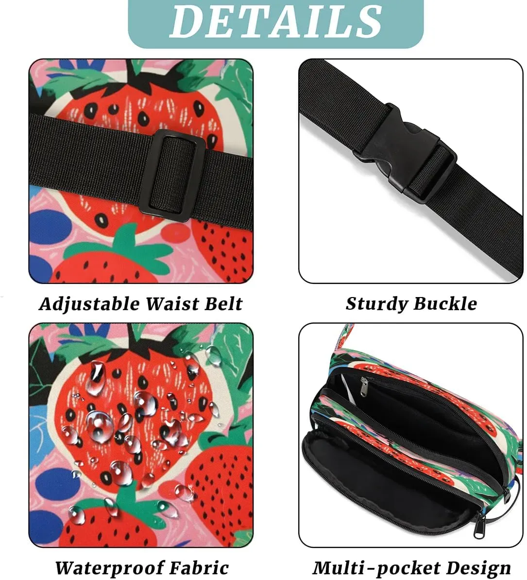 Bright Strawberry Men's and Women's Waist Pack Crossbody Fruit Strawberry Waist Pack Running Strap, Adjustable Shoulder Strap - For Hiking and Running Exercise Fitness