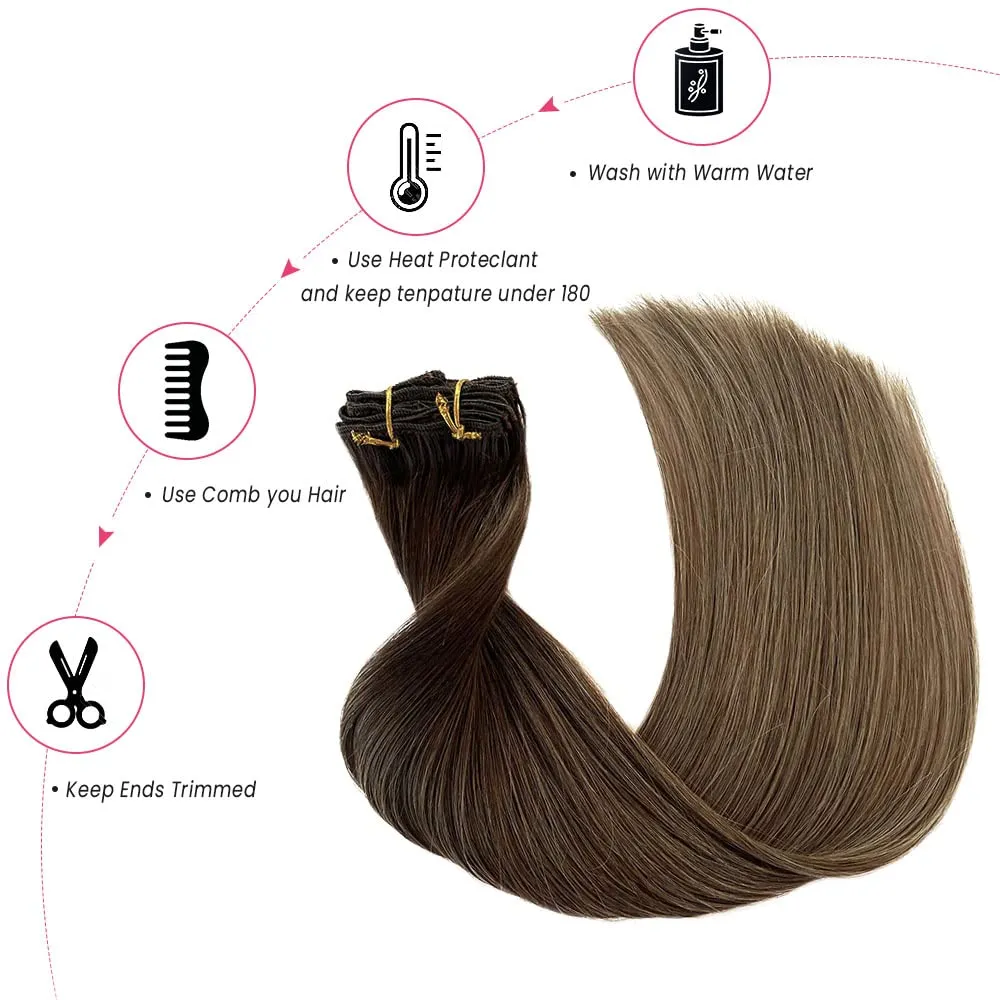 Brown Highlights Hair Extensions Clip in Human Hair Extensions Medium Brown to Ash Brown Ombre Real Remy Hair Extensions 22 inch Long Straight Double Weft Natural Hair 7 Pieces 70g for Women