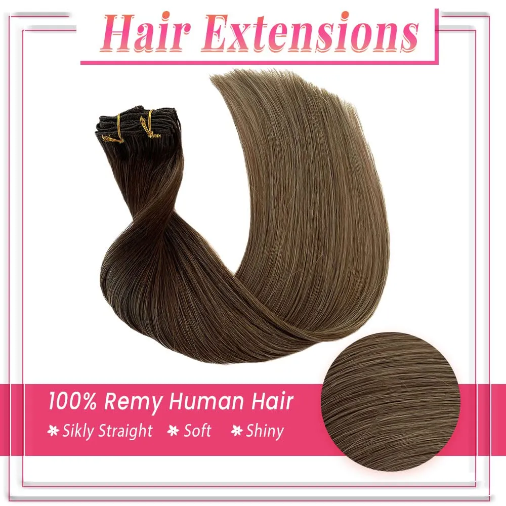 Brown Highlights Hair Extensions Clip in Human Hair Extensions Medium Brown to Ash Brown Ombre Real Remy Hair Extensions 22 inch Long Straight Double Weft Natural Hair 7 Pieces 70g for Women