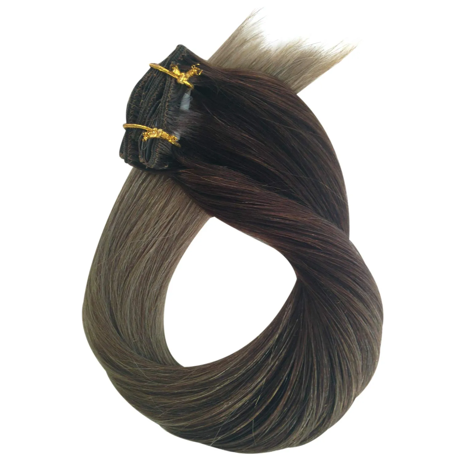 Brown Highlights Hair Extensions Clip in Human Hair Extensions Medium Brown to Ash Brown Ombre Real Remy Hair Extensions 22 inch Long Straight Double Weft Natural Hair 7 Pieces 70g for Women