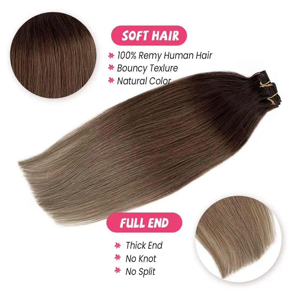 Brown Highlights Hair Extensions Clip in Human Hair Extensions Medium Brown to Ash Brown Ombre Real Remy Hair Extensions 22 inch Long Straight Double Weft Natural Hair 7 Pieces 70g for Women
