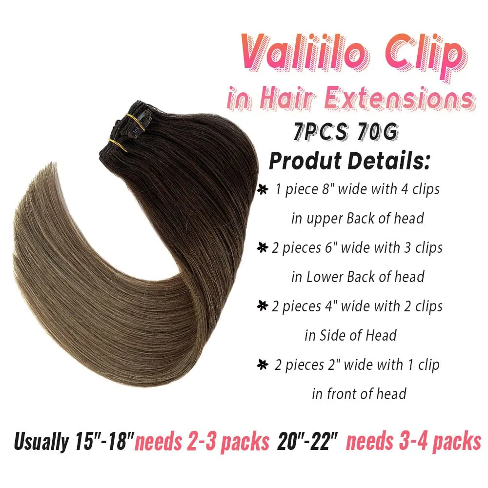 Brown Highlights Hair Extensions Clip in Human Hair Extensions Medium Brown to Ash Brown Ombre Real Remy Hair Extensions 22 inch Long Straight Double Weft Natural Hair 7 Pieces 70g for Women