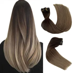 Brown Highlights Hair Extensions Clip in Human Hair Extensions Medium Brown to Ash Brown Ombre Real Remy Hair Extensions 22 inch Long Straight Double Weft Natural Hair 7 Pieces 70g for Women
