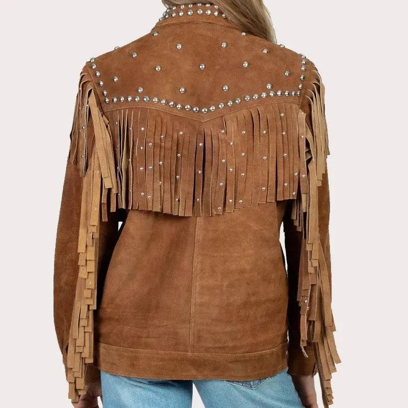BROWN STUEDDED FRINGE LEATHER JACKET