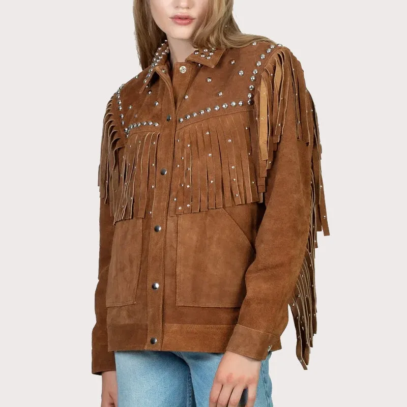 BROWN STUEDDED FRINGE LEATHER JACKET