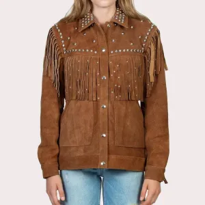 BROWN STUEDDED FRINGE LEATHER JACKET