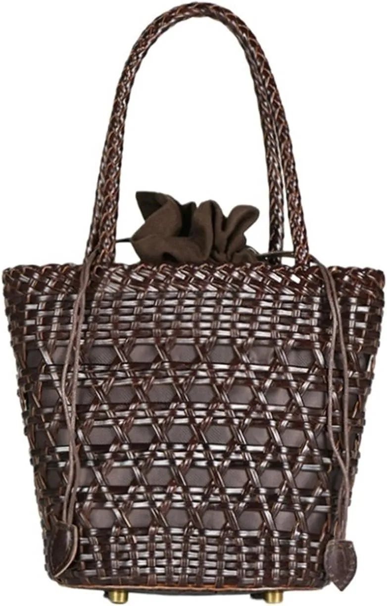 Bucket Women's Bag Messenger Shoulder Cowhide Hollow Woven Summer Casual Inner Fabric Vintag Shopping Bag