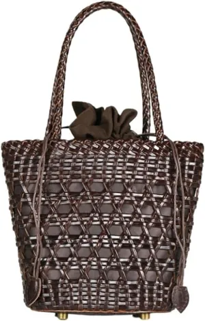 Bucket Women's Bag Messenger Shoulder Cowhide Hollow Woven Summer Casual Inner Fabric Vintag Shopping Bag