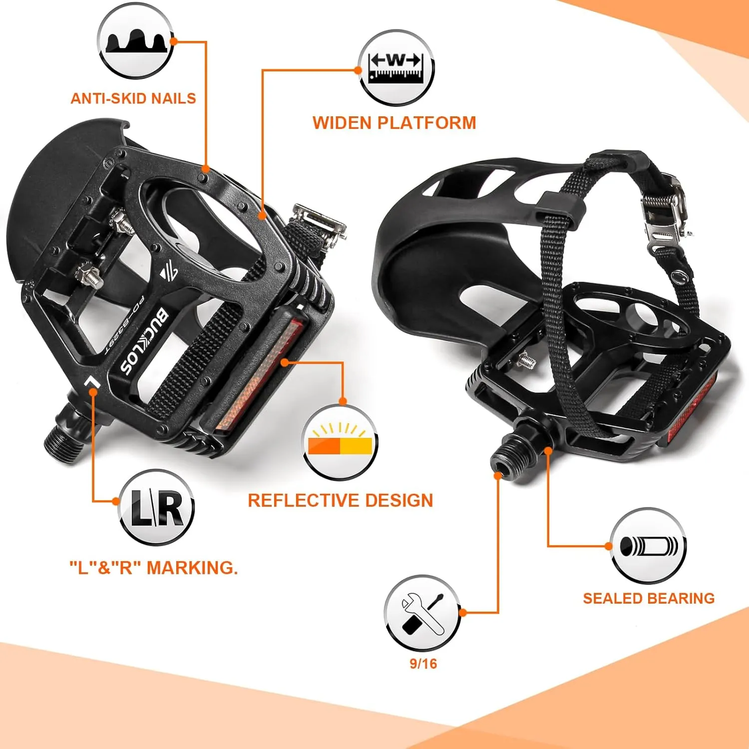 Bucklos Bike Pedals with Toe Cages and Straps - Bicycle Toe Clips Cage Compatible with Road Bike/Peloton/Mountian Bikes/MTB - Toe Clip Pedal for Wide Shoes Indoor Outdoor Cycling