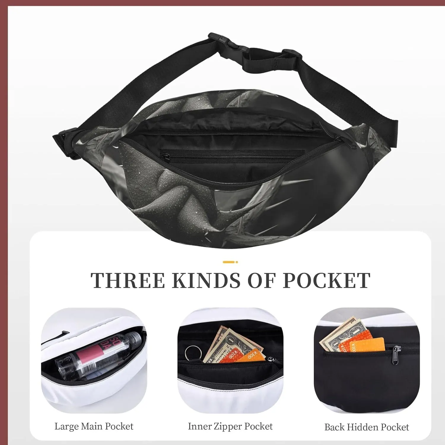 Bumbag Fanny Pack for Women Men Waist Pack Fashion Bum Bag Tiger Pattern Waist Bag for Sport Hiking Travel, Triangle and Thorns, One Size