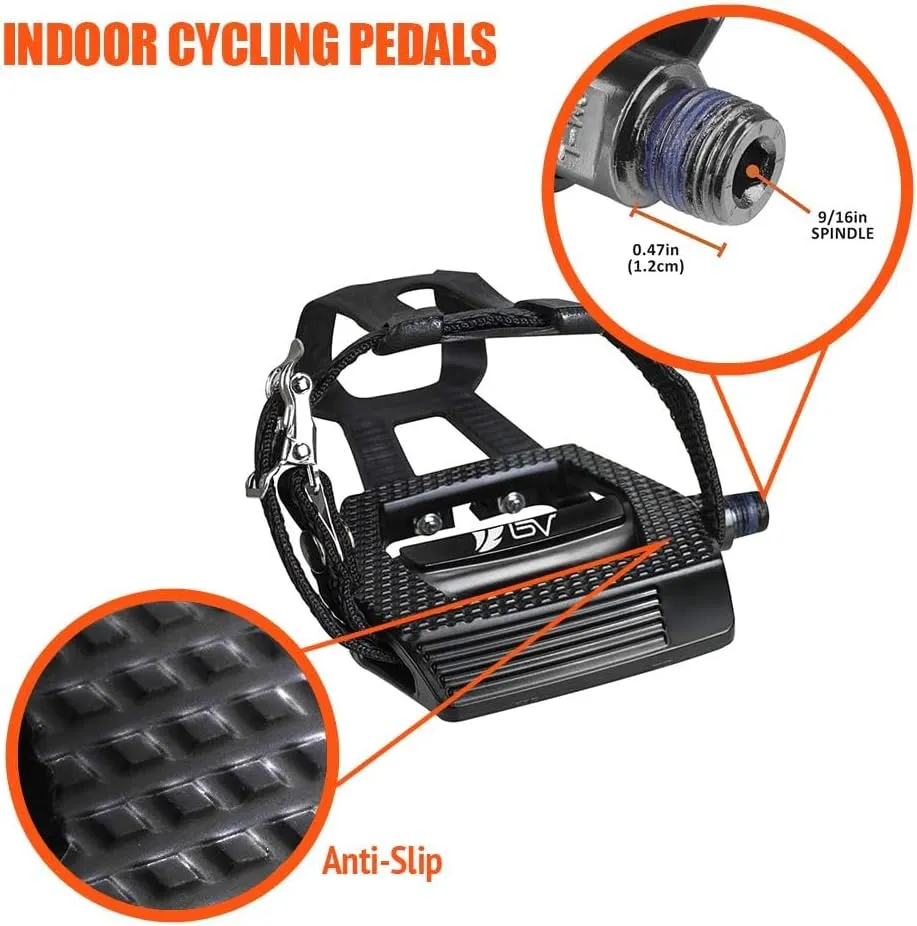 BV Bike Pedals Shimano SPD/Look Delta Compatible 9/16'' with Toe Clips - Peloton Pedals for Regular Shoes - Toe Cages for Peloton Bike - Exercise Bike Pedals - Universal Fit Bicycle Pedal