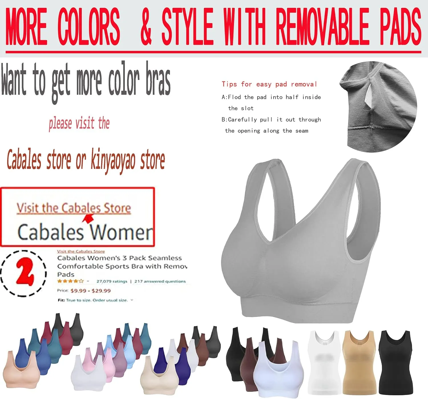 Cabales Women's Seamless Bras for Yoga Fitness Running Workout Low Impact Sports Bras with Removable Pads