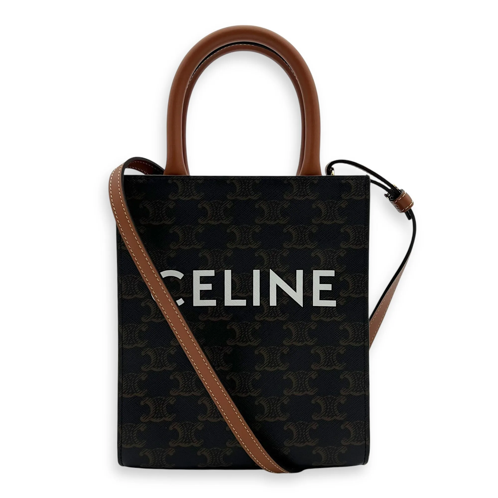 Cabas Vertical Mini Brown Top Handle Bag in Coated Canvas, Gold hardware
