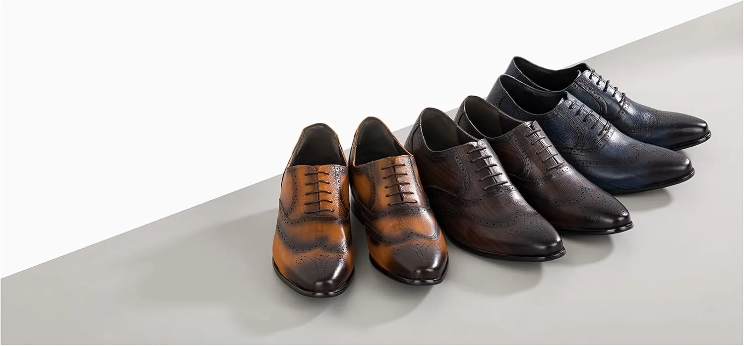 CALTO Men's Invisible Height Increasing Elevator Shoes - Dark Blue Premium Leather Lace-up Wing-tip Dress Formal Oxfords - 2.8 Inches Taller - K20812 - Size 10 D(M) US