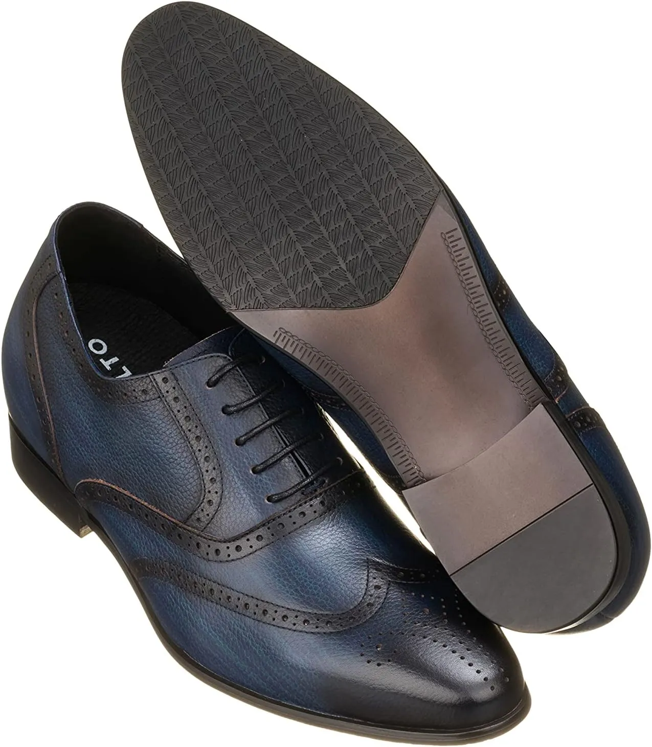 CALTO Men's Invisible Height Increasing Elevator Shoes - Dark Blue Premium Leather Lace-up Wing-tip Dress Formal Oxfords - 2.8 Inches Taller - K20812 - Size 12 D(M) US
