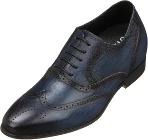 CALTO Men's Invisible Height Increasing Elevator Shoes - Dark Blue Premium Leather Lace-up Wing-tip Dress Formal Oxfords - 2.8 Inches Taller - K20812 - Size 12 D(M) US