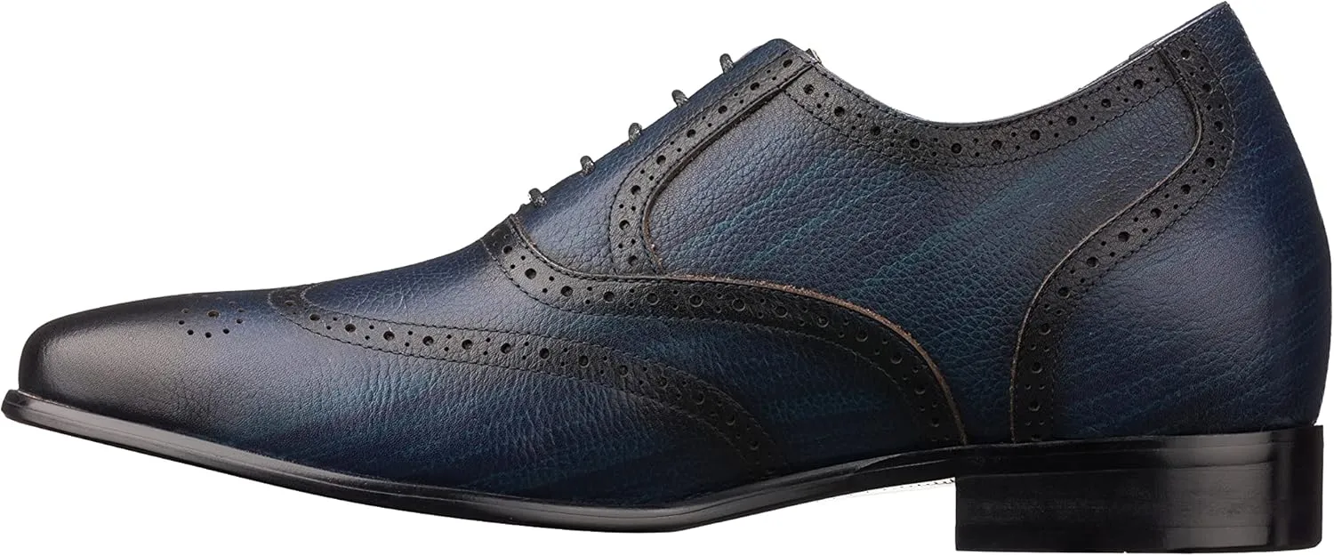 CALTO Men's Invisible Height Increasing Elevator Shoes - Dark Blue Premium Leather Lace-up Wing-tip Dress Formal Oxfords - 2.8 Inches Taller - K20812 - Size 12 D(M) US