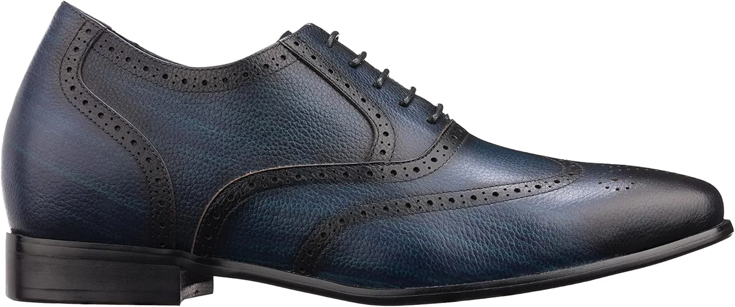 CALTO Men's Invisible Height Increasing Elevator Shoes - Dark Blue Premium Leather Lace-up Wing-tip Dress Formal Oxfords - 2.8 Inches Taller - K20812 - Size 12 D(M) US