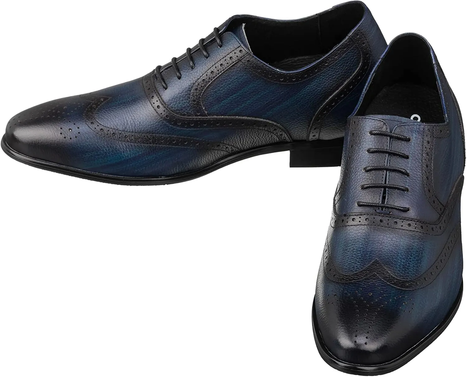 CALTO Men's Invisible Height Increasing Elevator Shoes - Dark Blue Premium Leather Lace-up Wing-tip Dress Formal Oxfords - 2.8 Inches Taller - K20812 - Size 12 D(M) US