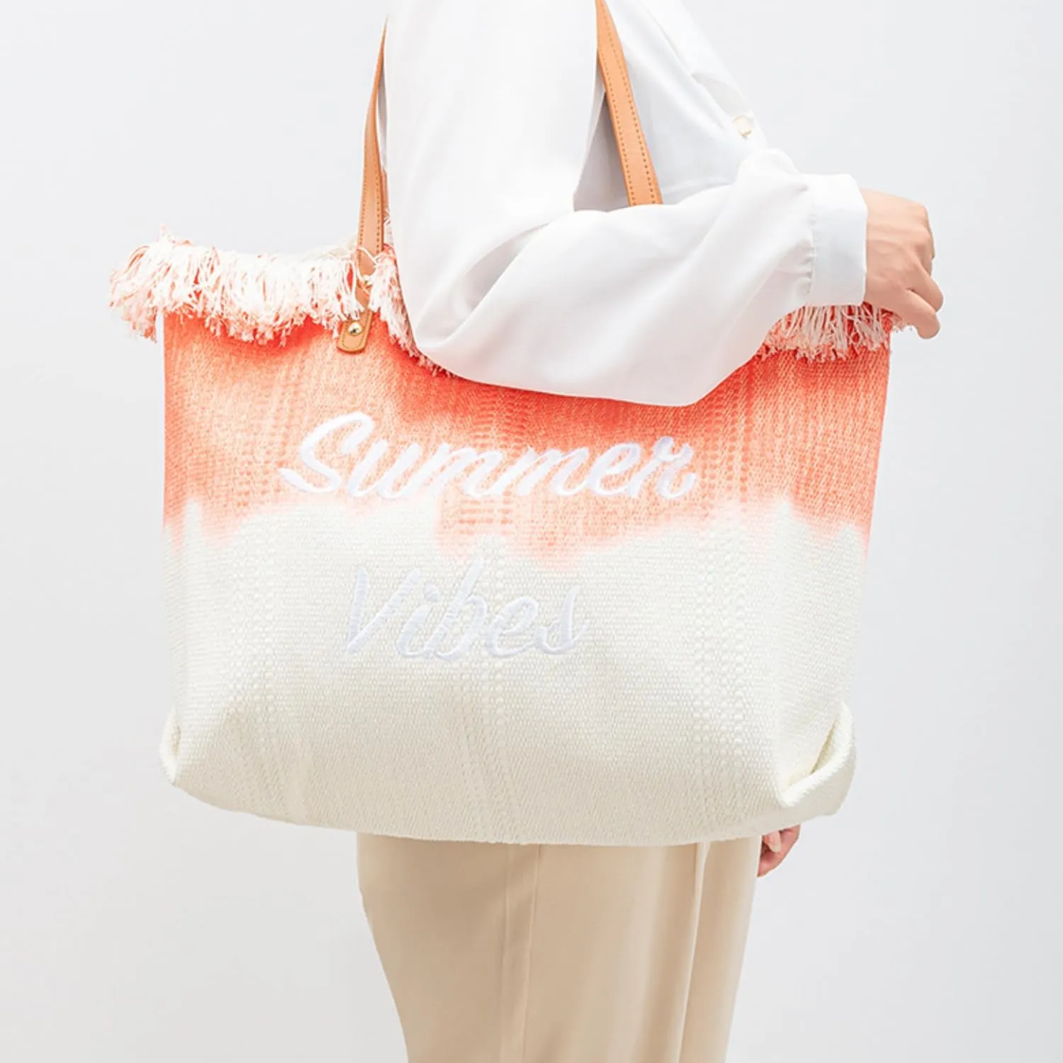 Canvas Tote Bag Embroidered Fringe Large Recycled Gradient Casual Shoulder Summer Beach Bag for Daily Use Travel Gym