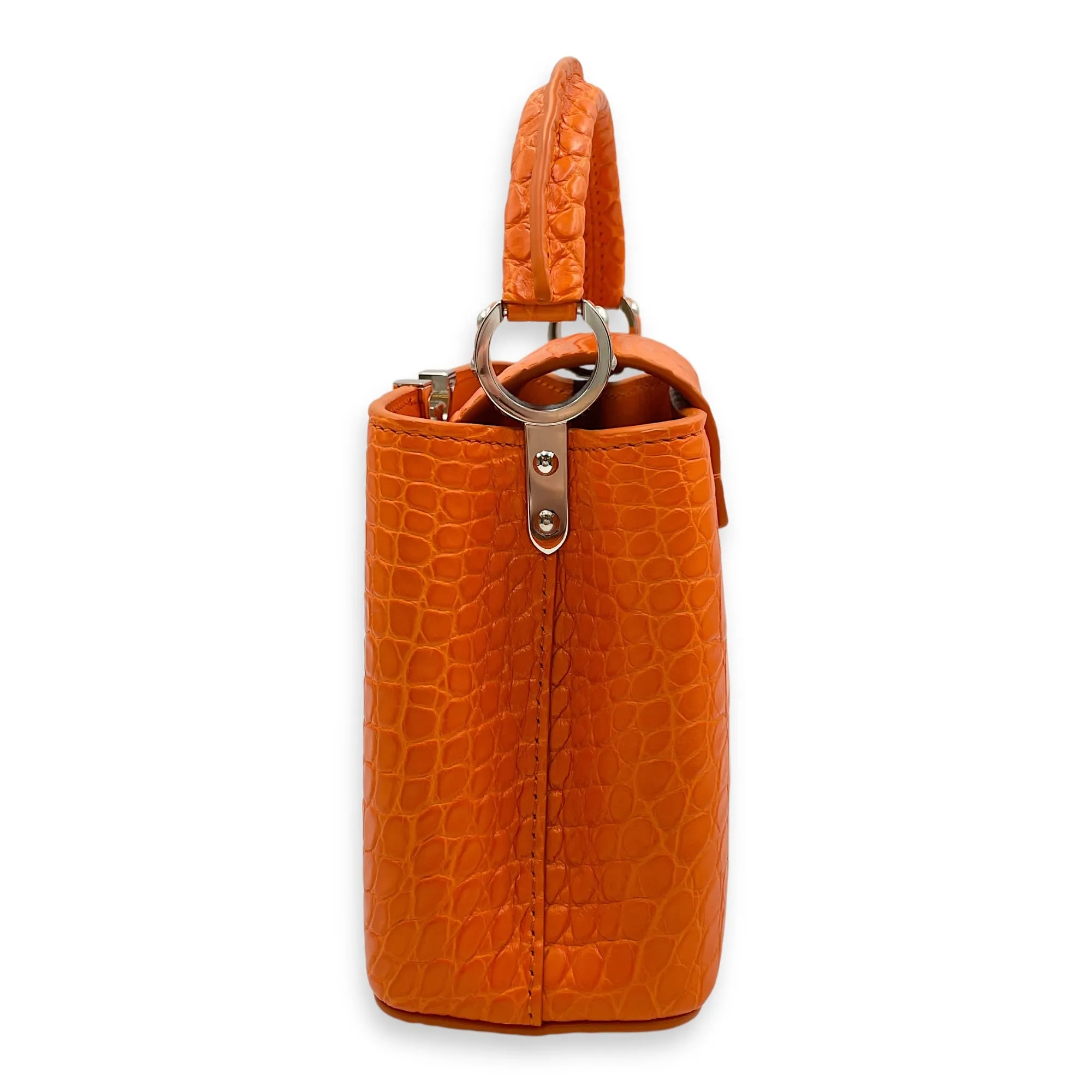 Capucines Mini Orange Top Handle Bag in Crocodile Leather, Silver hardware
