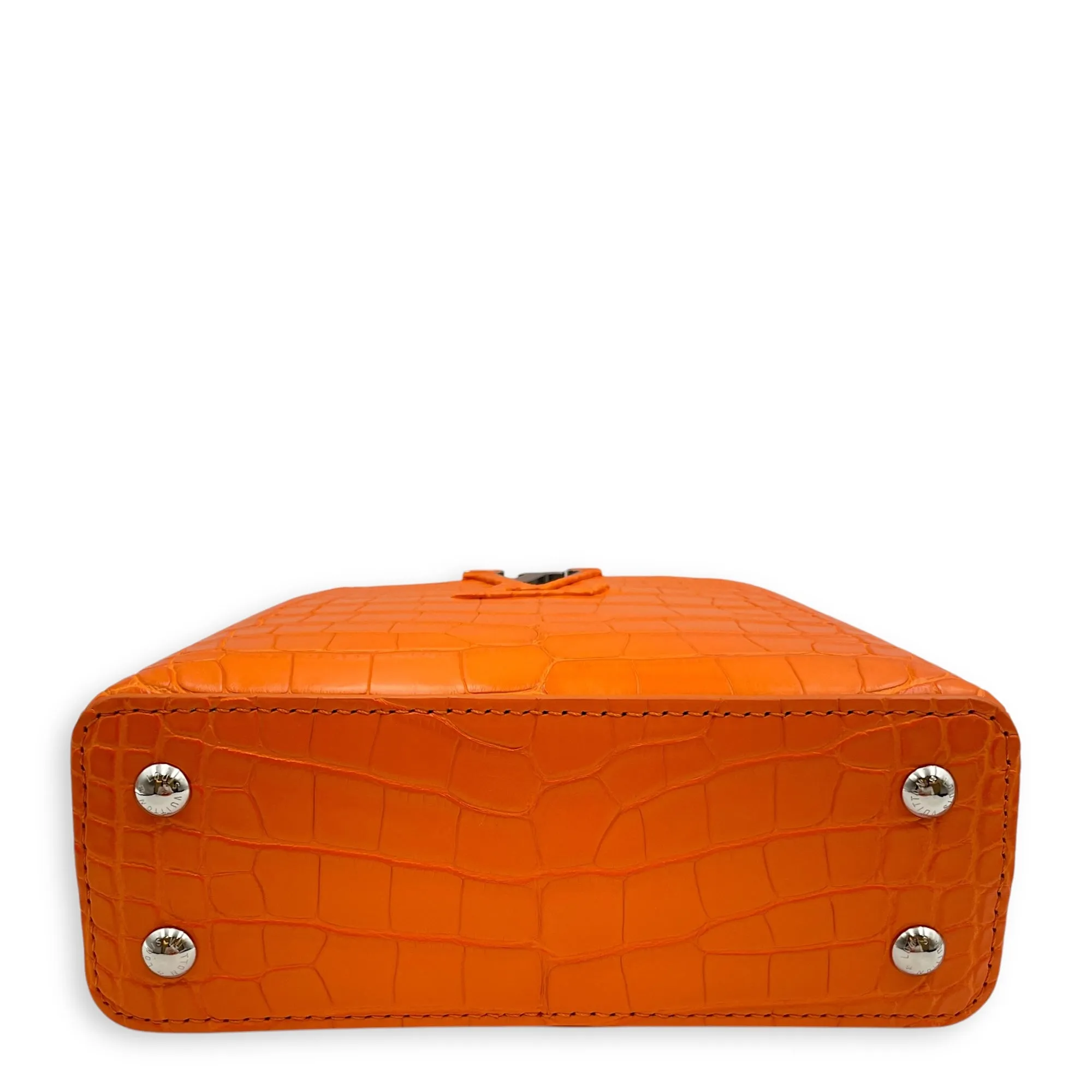 Capucines Mini Orange Top Handle Bag in Crocodile Leather, Silver hardware