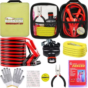 Car Emergency Roadside Tool Kit, Auto Emergency Kits Vehicles, with Jumper Cables kit，Car Safety Roadside Assistance Kit,Headlamp,Tow Straps,Needle Nose Pliers,Rainwear,Gloves.Matcha Green