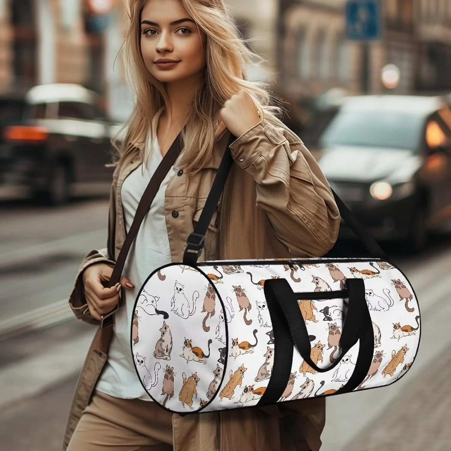 Cat Print Gym Bags for Women, Foldable Travel Duffle Bag, Lightweight Weekender Duffel Bag Water Resistant Workout Duffle Sports Bag for Travel Yoga