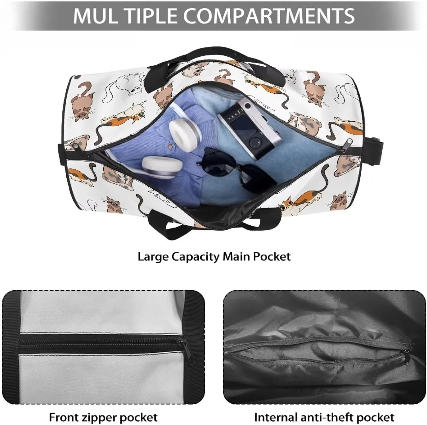 Cat Print Gym Bags for Women, Foldable Travel Duffle Bag, Lightweight Weekender Duffel Bag Water Resistant Workout Duffle Sports Bag for Travel Yoga