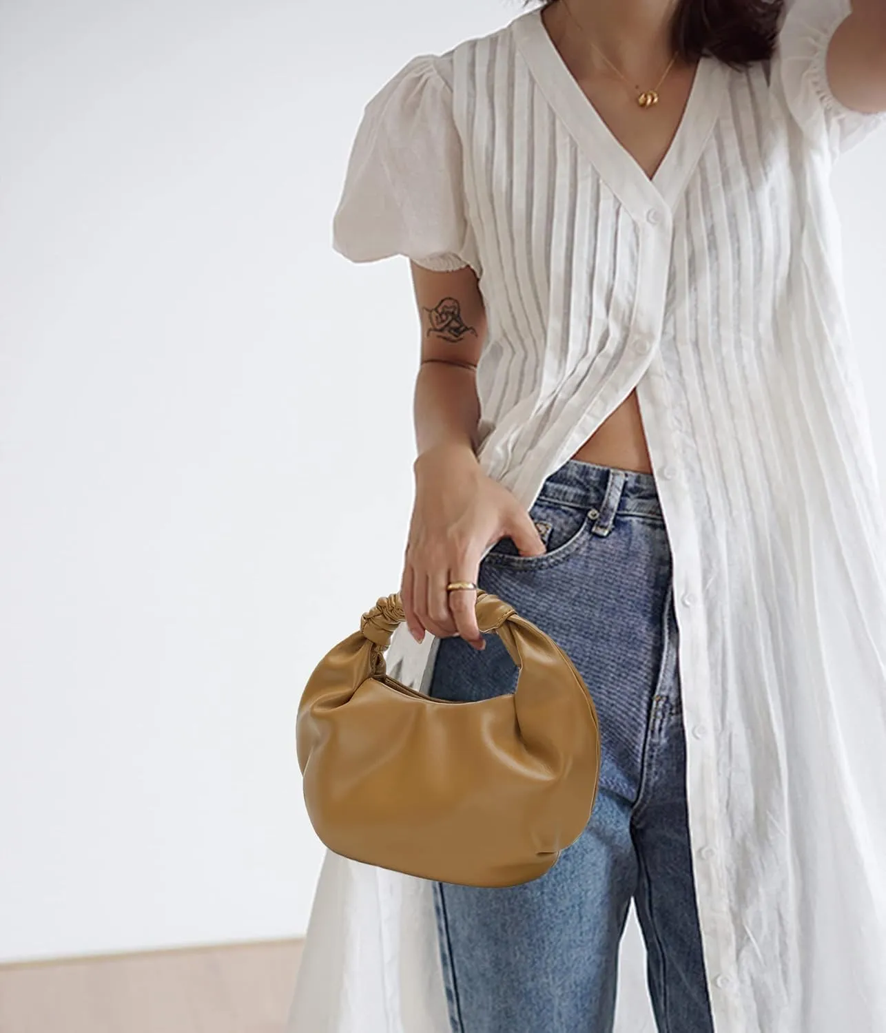 Chic Top Handle Bag for Women Small Ruched Hobo Handbag Soft Faux Leather Tote Bags Purse