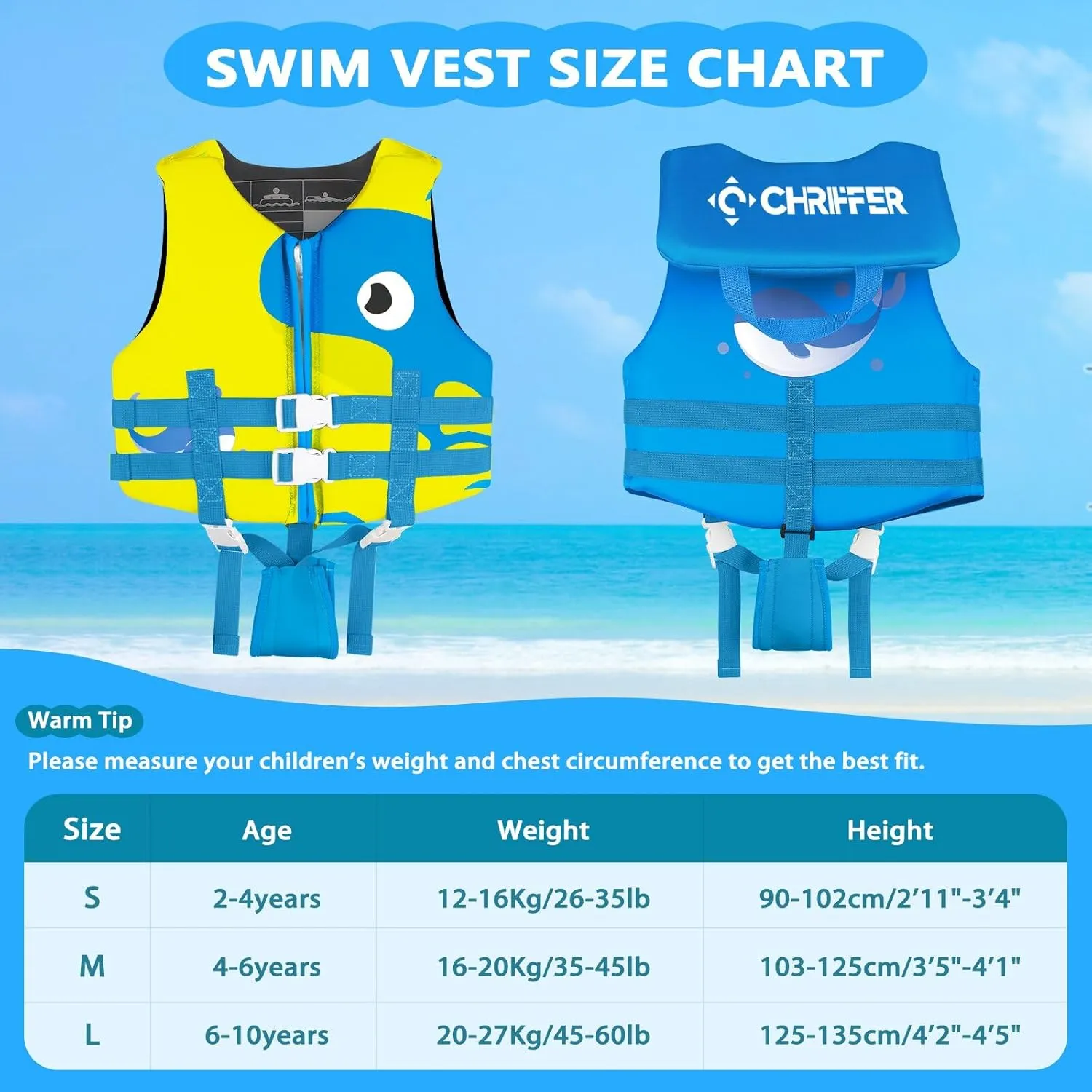 Chriffer Toddler Swim Vest Jacket for Boys Girls 20-70 Pounds/2-10 Years, Kids Swim Vest with Adjustable Safety Strap for Pool Beach Learn to Swim