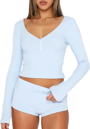 Cioatin Women 2 Piece Ribbed Knit Pajama Set Long Sleeve Button Crop Top and Shorts Lounge Sweatsuits Sleepwear PJ Set