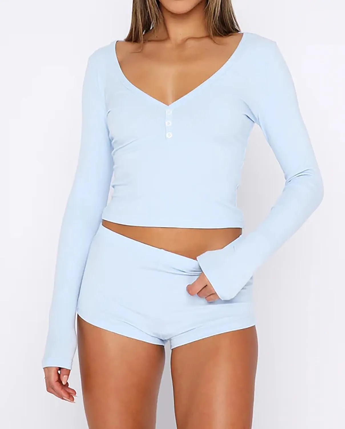 Cioatin Women 2 Piece Ribbed Knit Pajama Set Long Sleeve Button Crop Top and Shorts Lounge Sweatsuits Sleepwear PJ Set