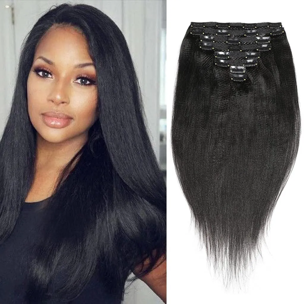 Clip In Extension 8 Pieces Set Perm Yaki Human Hair 115-120G 8"-24" Light Yaky Straight Remy Hair Extension 18 Clips Ins Black Hair for Women (16 Inches, #1B Natural Black)