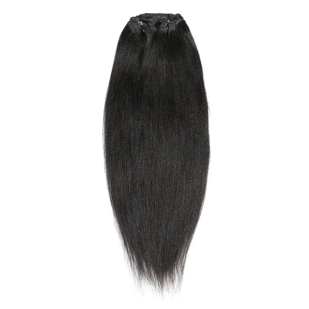 Clip In Extension 8 Pieces Set Perm Yaki Human Hair 115-120G 8"-24" Light Yaky Straight Remy Hair Extension 18 Clips Ins Black Hair for Women (16 Inches, #1B Natural Black)