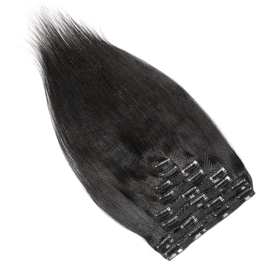 Clip In Extension 8 Pieces Set Perm Yaki Human Hair 115-120G 8"-24" Light Yaky Straight Remy Hair Extension 18 Clips Ins Black Hair for Women (16 Inches, #1B Natural Black)