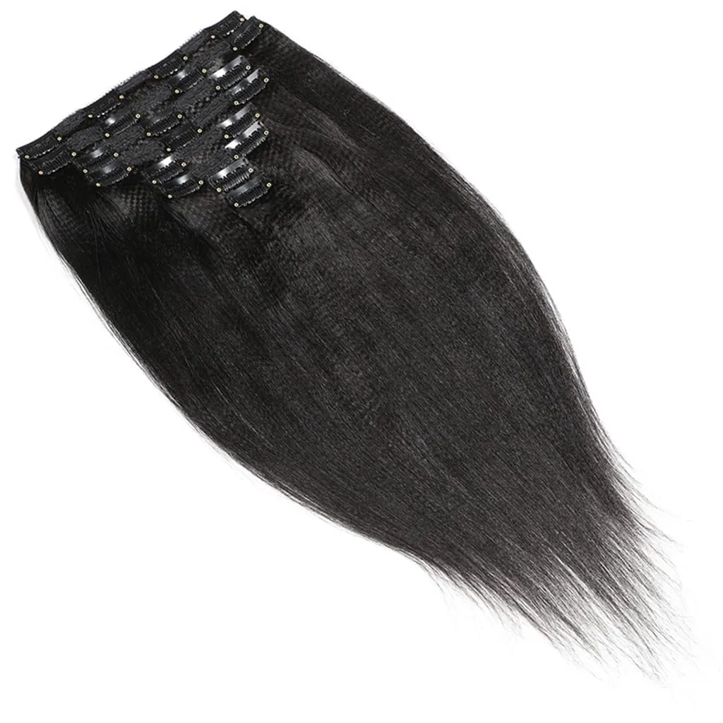 Clip In Extension 8 Pieces Set Perm Yaki Human Hair 115-120G 8"-24" Light Yaky Straight Remy Hair Extension 18 Clips Ins Black Hair for Women (16 Inches, #1B Natural Black)