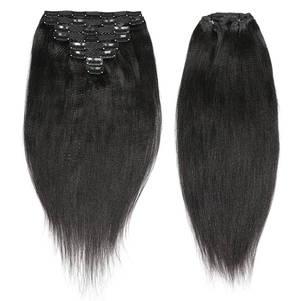 Clip In Extension 8 Pieces Set Perm Yaki Human Hair 115-120G 8"-24" Light Yaky Straight Remy Hair Extension 18 Clips Ins Black Hair for Women (16 Inches, #1B Natural Black)