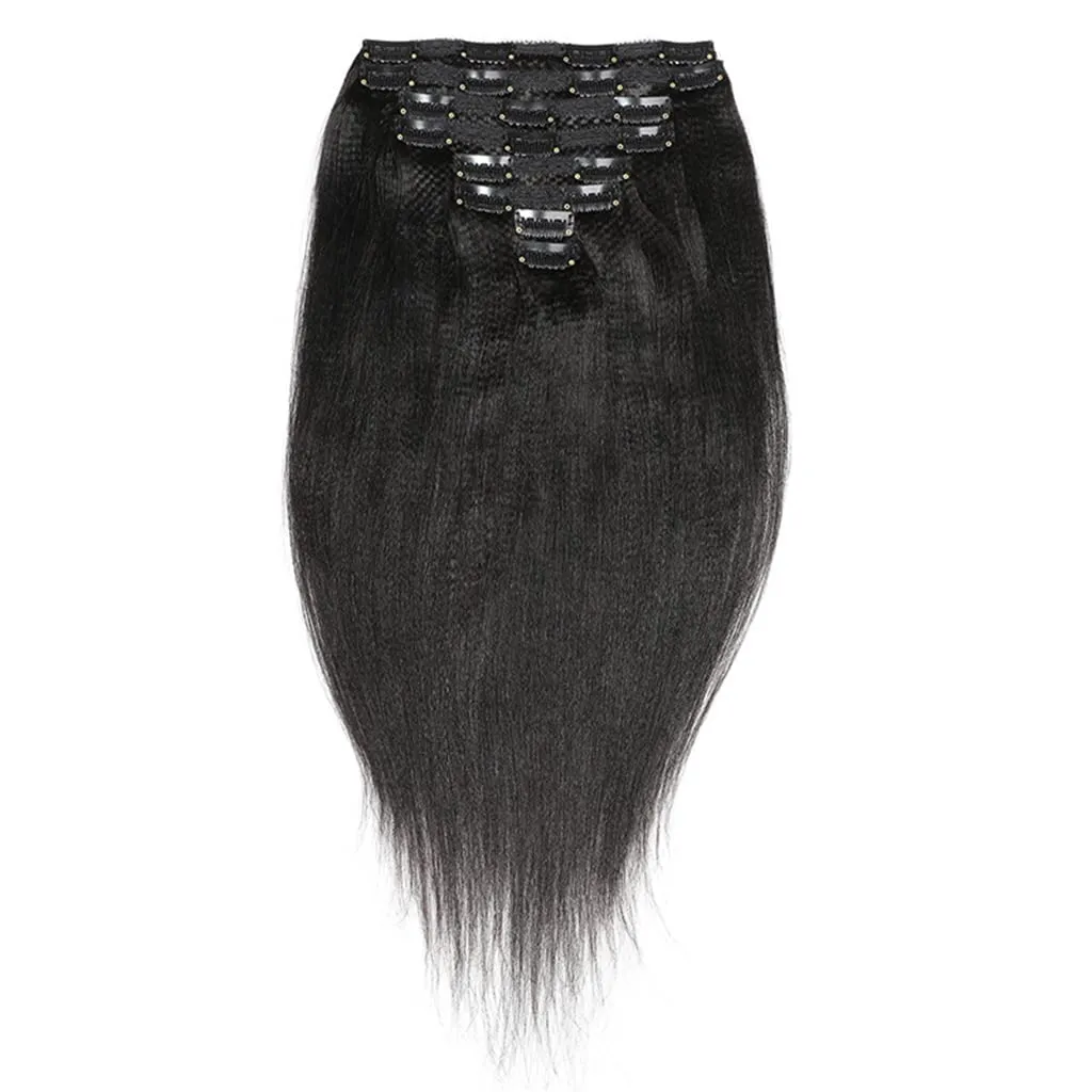 Clip In Extension 8 Pieces Set Perm Yaki Human Hair 115-120G 8"-24" Light Yaky Straight Remy Hair Extension 18 Clips Ins Black Hair for Women (16 Inches, #1B Natural Black)