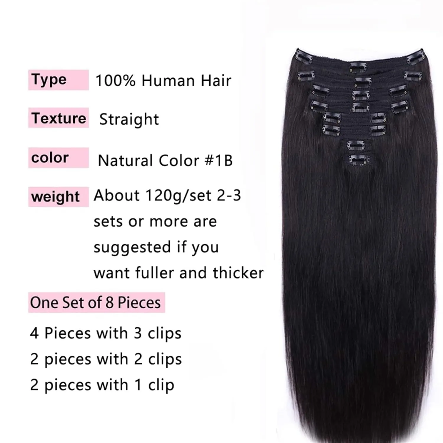 Clip in Hair Extensions Clip In Human Hair Extensions, Real Remy Thick Straight Clip Ins Black Human Hair Extensions for Relaxed Hair 7 Pieces Per Set for Women, 1B 120 Gram Fashion Hair Extensions (