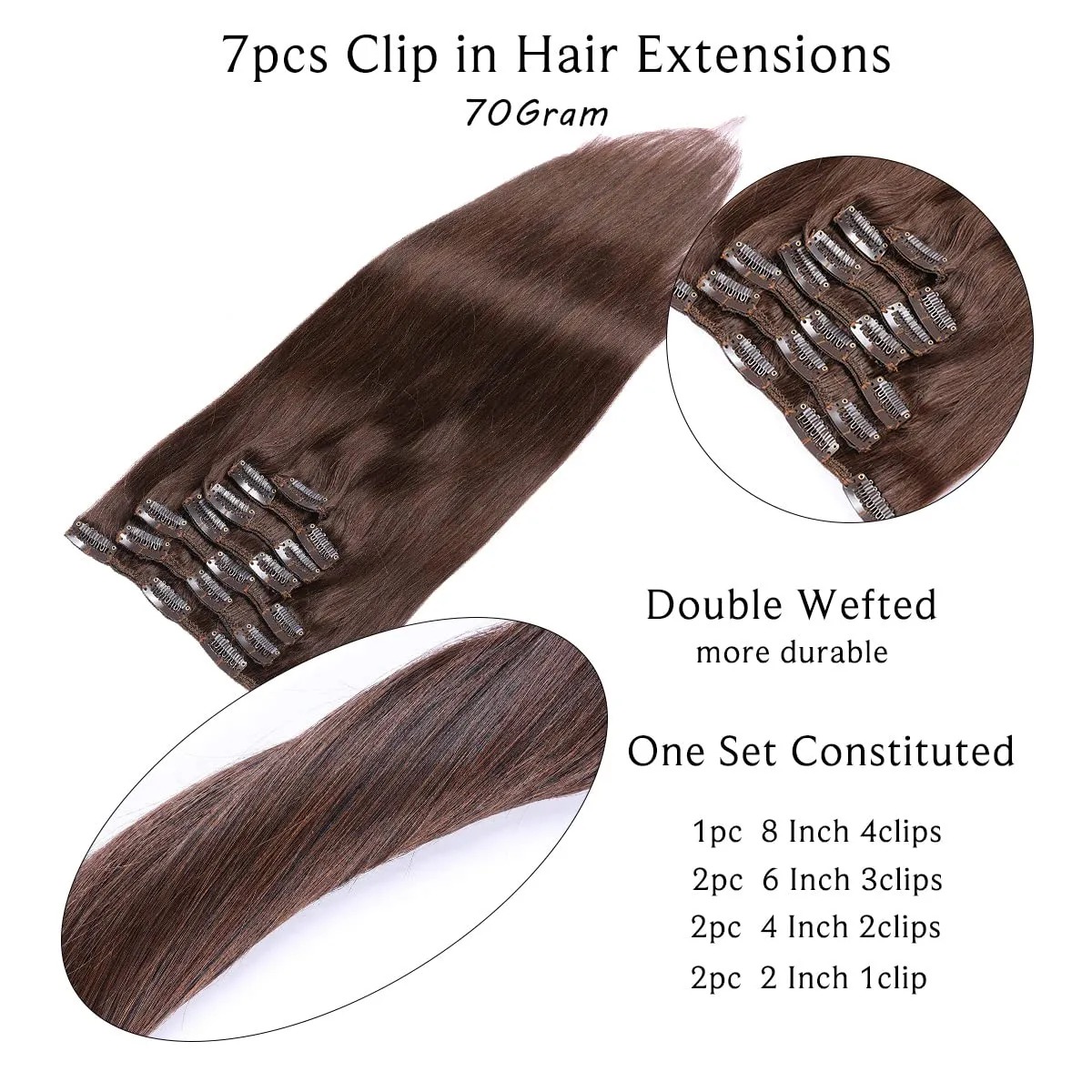 Clip in Hair Extensions, Dark Brown Hair Extensions Real Human Hair Clip ins 12 Inch Clip in Hair Extensions Real Human Hair 70G 7 Pieces Double Weft Clip on Extensions for Women