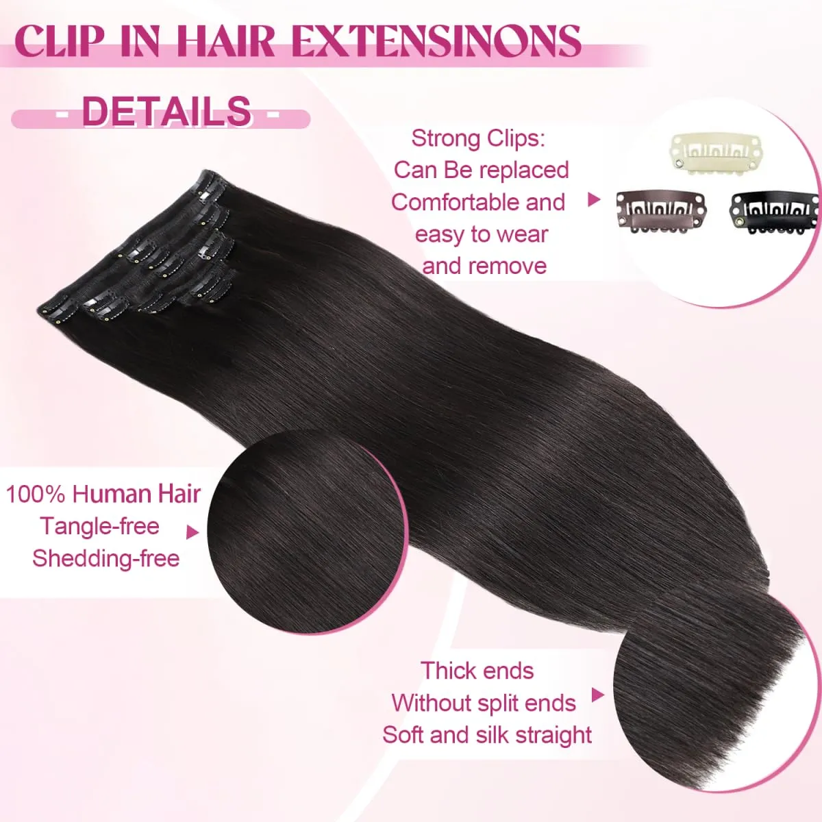 Clip in Hair Extensions Real Human Hair, 20 Inch 105g 100% Remy Human Hair Clip in Extensions for Women, Invisible Straight Seamless Clip ins Hair Extensions 8pcs Double Weft #1B Natural Black